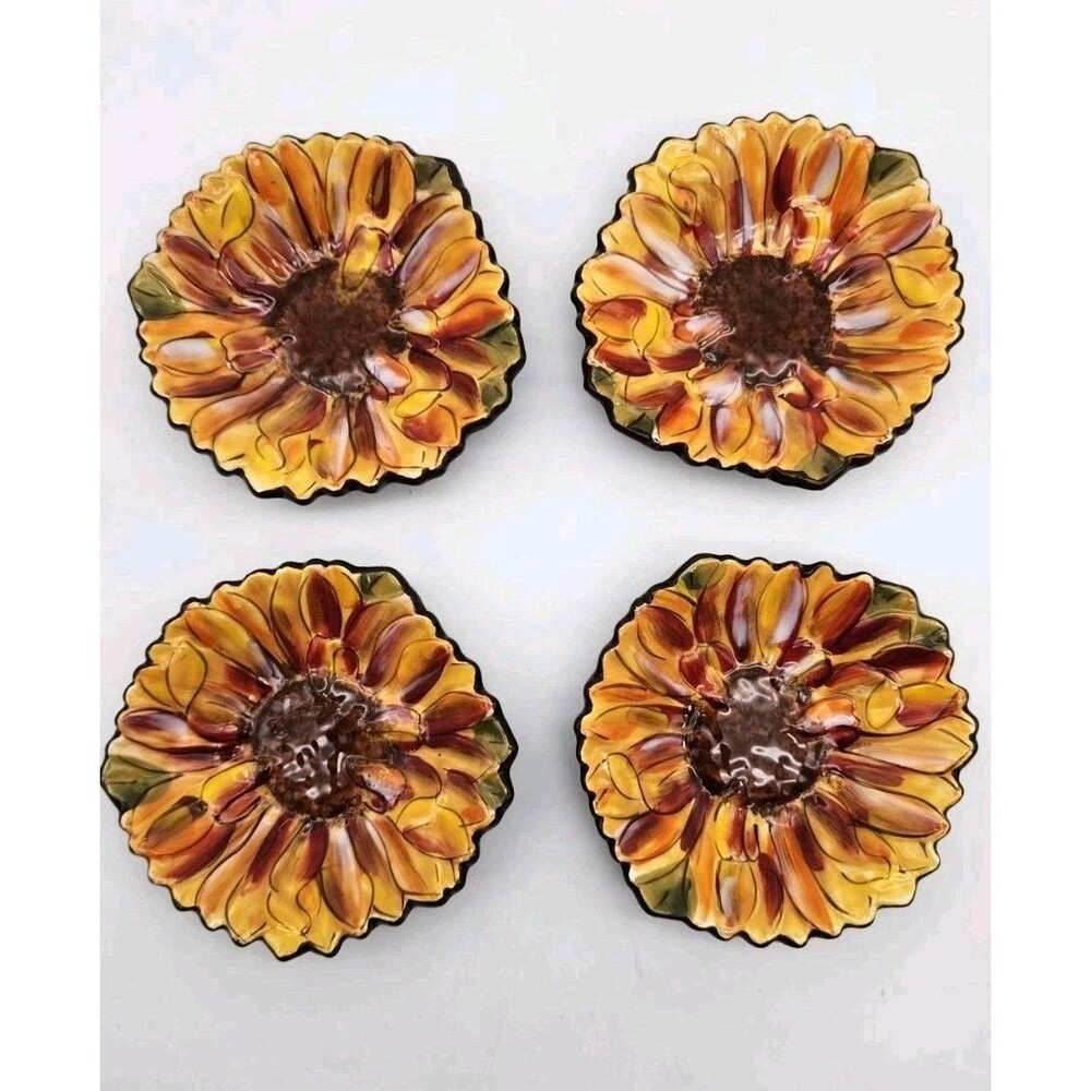 4 Clay Art Tuscan Yellow Sunflower Hand Painted Small Trinket/Snack Plates 3.5"